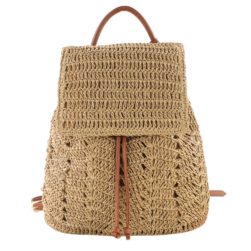 Women Straw Backpack Shoulders Bag Handmade Woven Casual Beach Top Handle Bags for Women Traveling Shopping