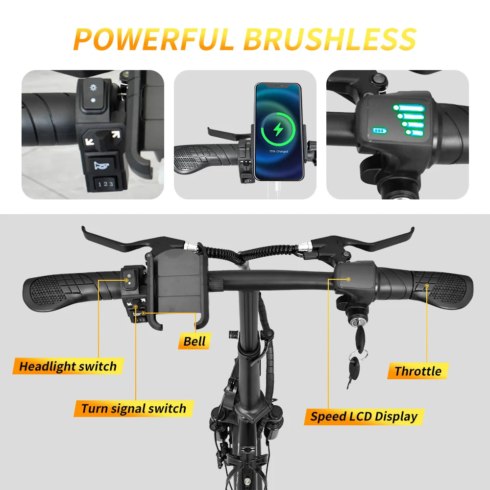 DEEPOWER Electric Bike for Adult 600W Peak Motor, 21MPH Folding Ebike, 14" Electric Bicycles, 3 Levels Assist, Multi-Shock Ebike