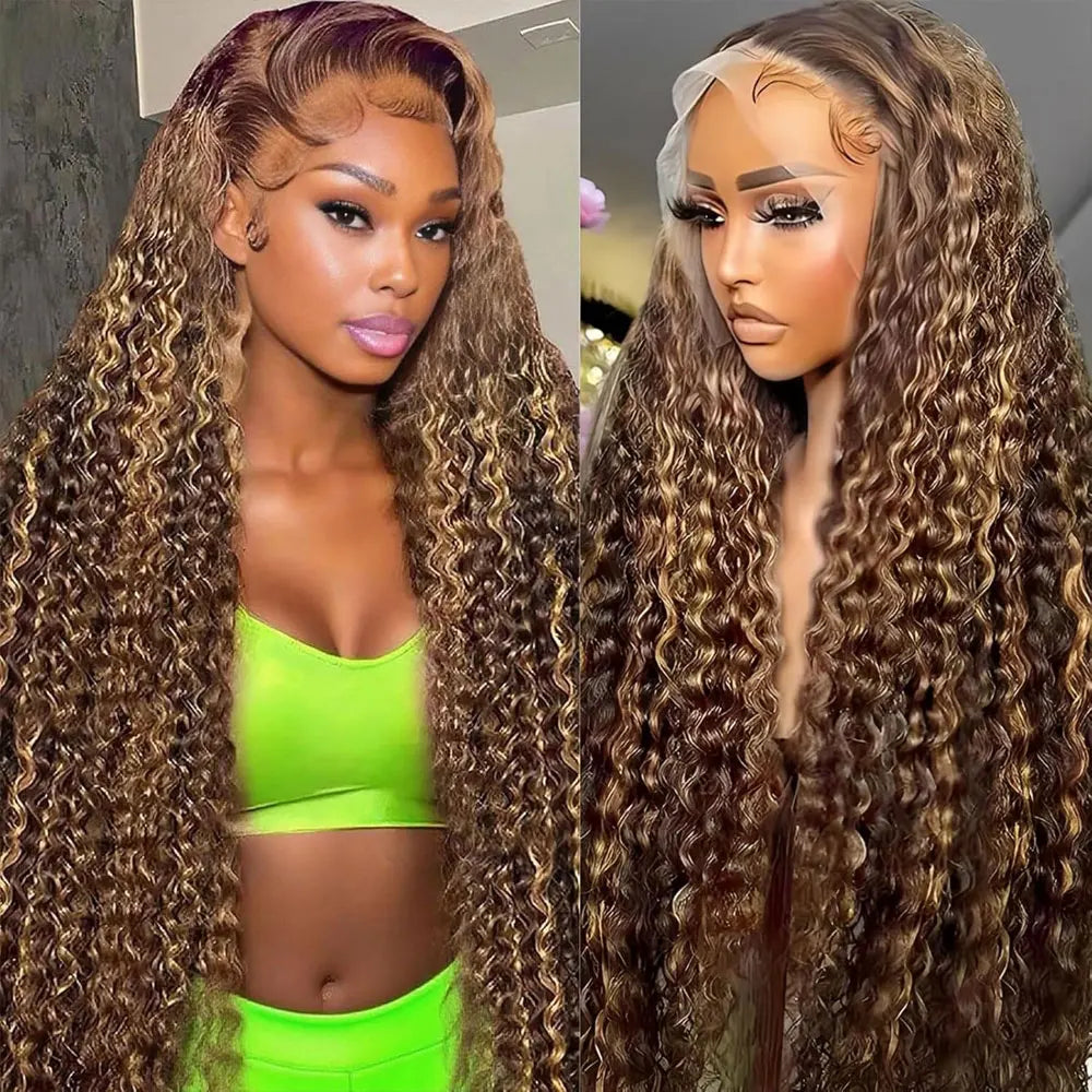 Ombre Highlight Curly Lace Front Human Hair Wigs 250% 13x4 HD Transparent Deep Wave Frontal Wig P4/27 5x5 Gluless Closure Wigs
