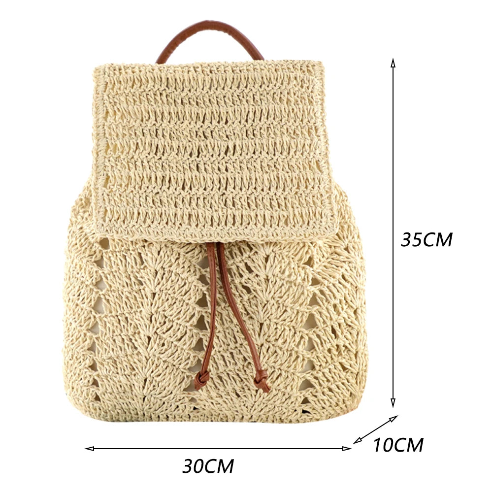 Women Straw Backpack Shoulders Bag Handmade Woven Casual Beach Top Handle Bags for Women Traveling Shopping