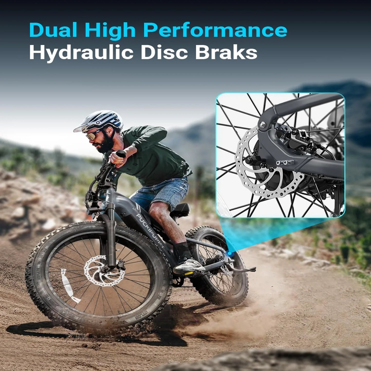 PUCKIPUPPY Electric Bike for Adults 26" Fat Tire 8 Speed 28 MPH Full Suspension Electric Mountain Bike 1350W Peak 48V 20AH Ebike