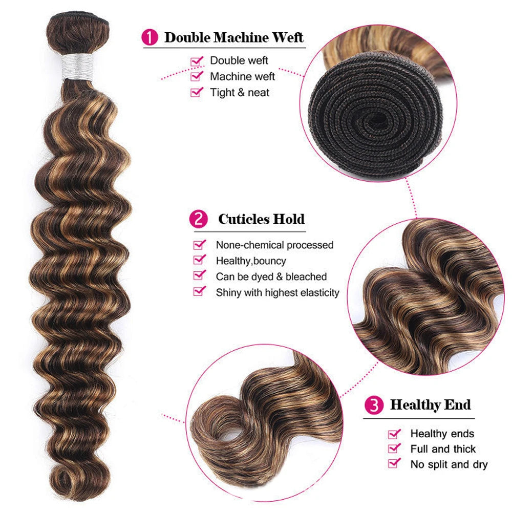 Highlight 30 inch Brown Indian Curly Raw Human Hair Bundles P4/27 Loose Deep Wave Colored Hair Bundles Weave Women Remy Hair