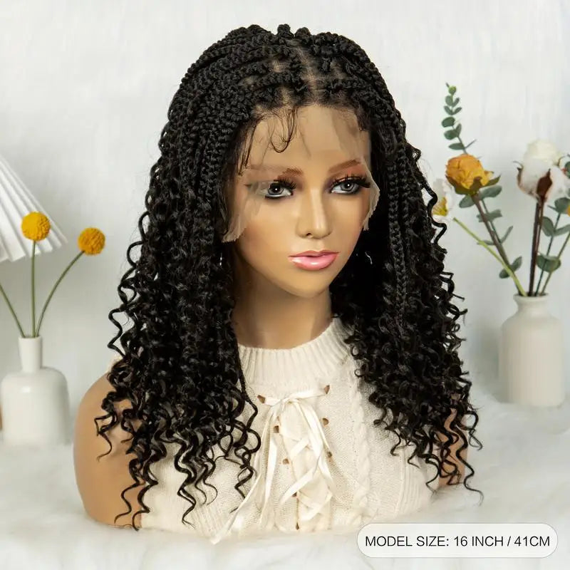 Knotless Box Braided Wigs with Curly Ends Synthetic Full Lace Braided Lace Wigs Short Boho Braided Bob Wigs for Black Women