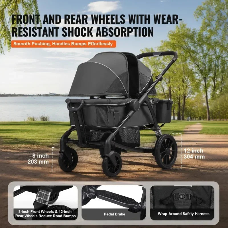 All-Terrain Stroller Wagon, 2 Seats Foldable Expedition 2-in-1 Collapsible Wagon Stroller, Includes Canopy, Parent Organizer