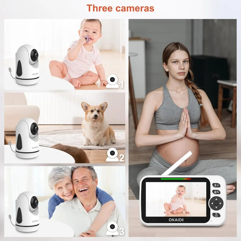 Video Baby Monitor with 3 Cameras, 5" Display Baby Monitor No WiFi, 30H Battery and 1000ft Range, 2-Way Talk, 8 Lullabies, Remot