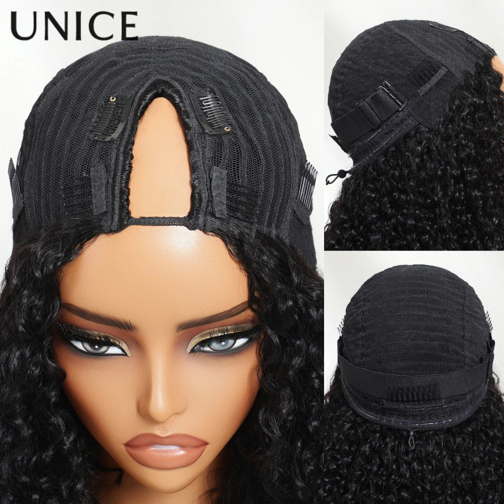 UNice Hair Natural Color Yaki Straight Human Hair Wig Pre Cut Pre Bleached 7x5 Lace Glueless Wig & V Part Wig 150% Density