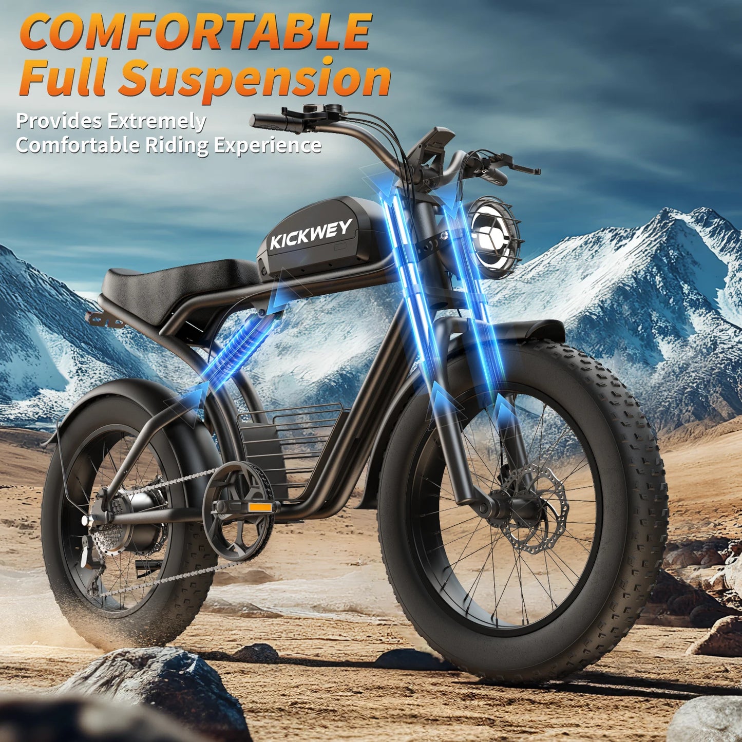 Kickwey K7 Adult Electric Bike 1500W Motor 7-Speed Dual Disc Brakes Full Suspension Ebike 20x4 Wide Tire 50-Mile  E Bike