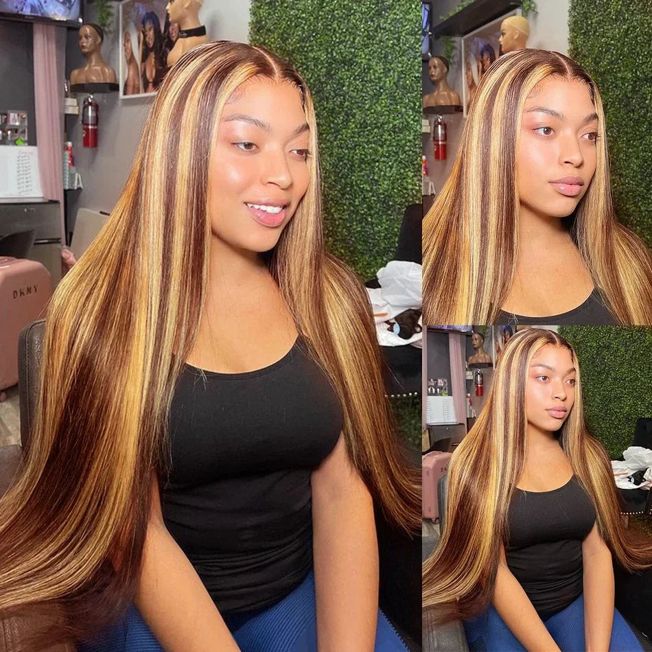 Highlight Glueless Wigs Human Hair Ready To Wear And Go For Women Preplucked Brazilian Ombre Straight 13x6 HD Lace Frontal Wig
