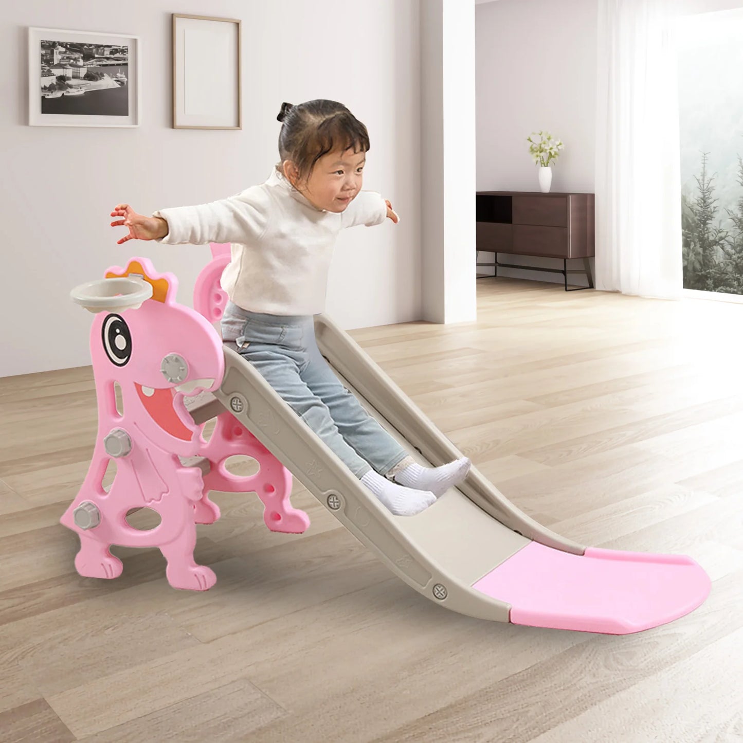 Toddler Indoor Slide for Age 1 To 8 Years Old Dinosaur Shape Non Slip Stairs Kids Slide with Basketball Hoop Climber Kids Slide