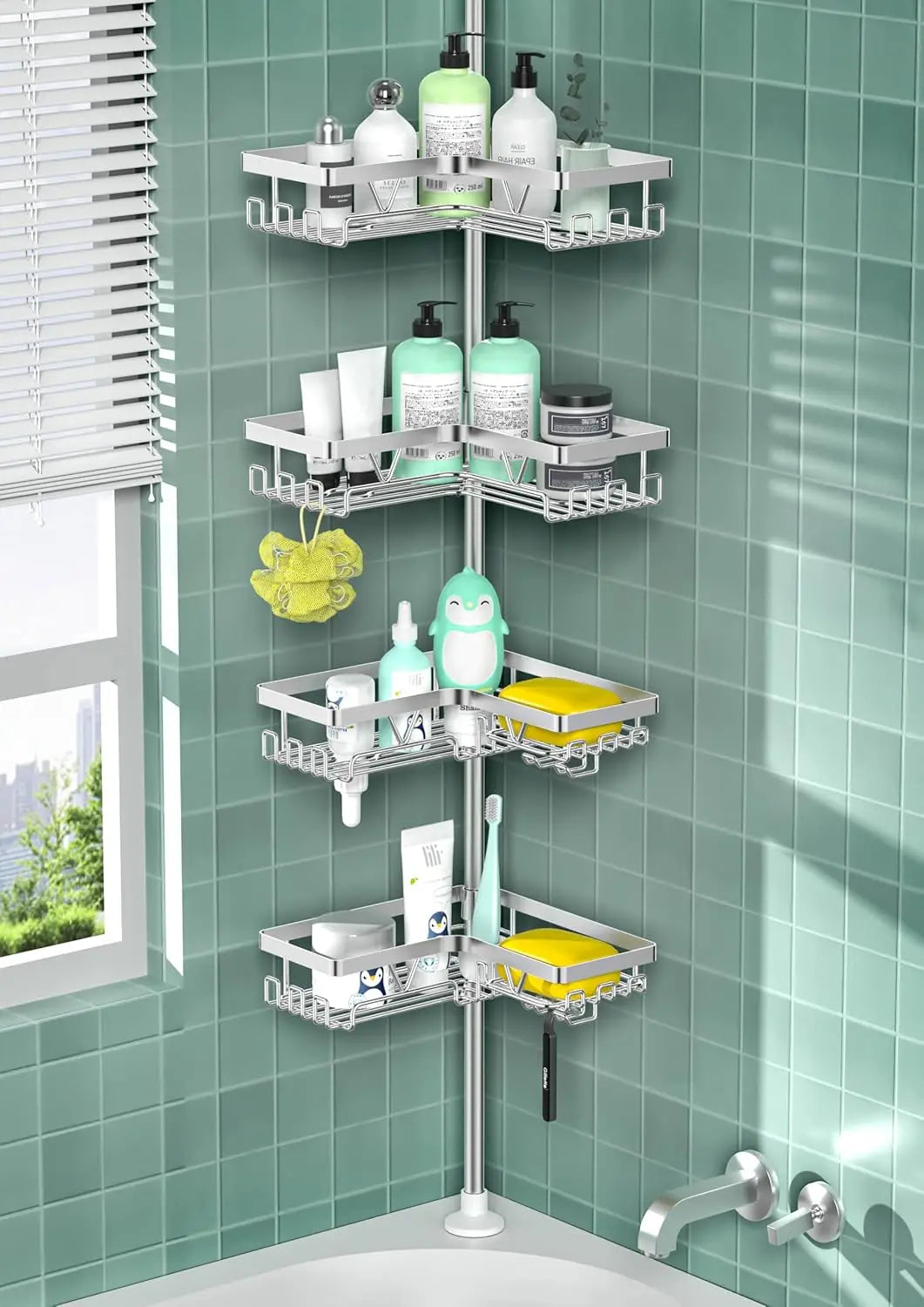 Corner Shower Caddy Tension Pole - 4 Tier Stainless Steel Rustproof Shower Corner Caddy for Bathtub Bathroom Shower Organizer