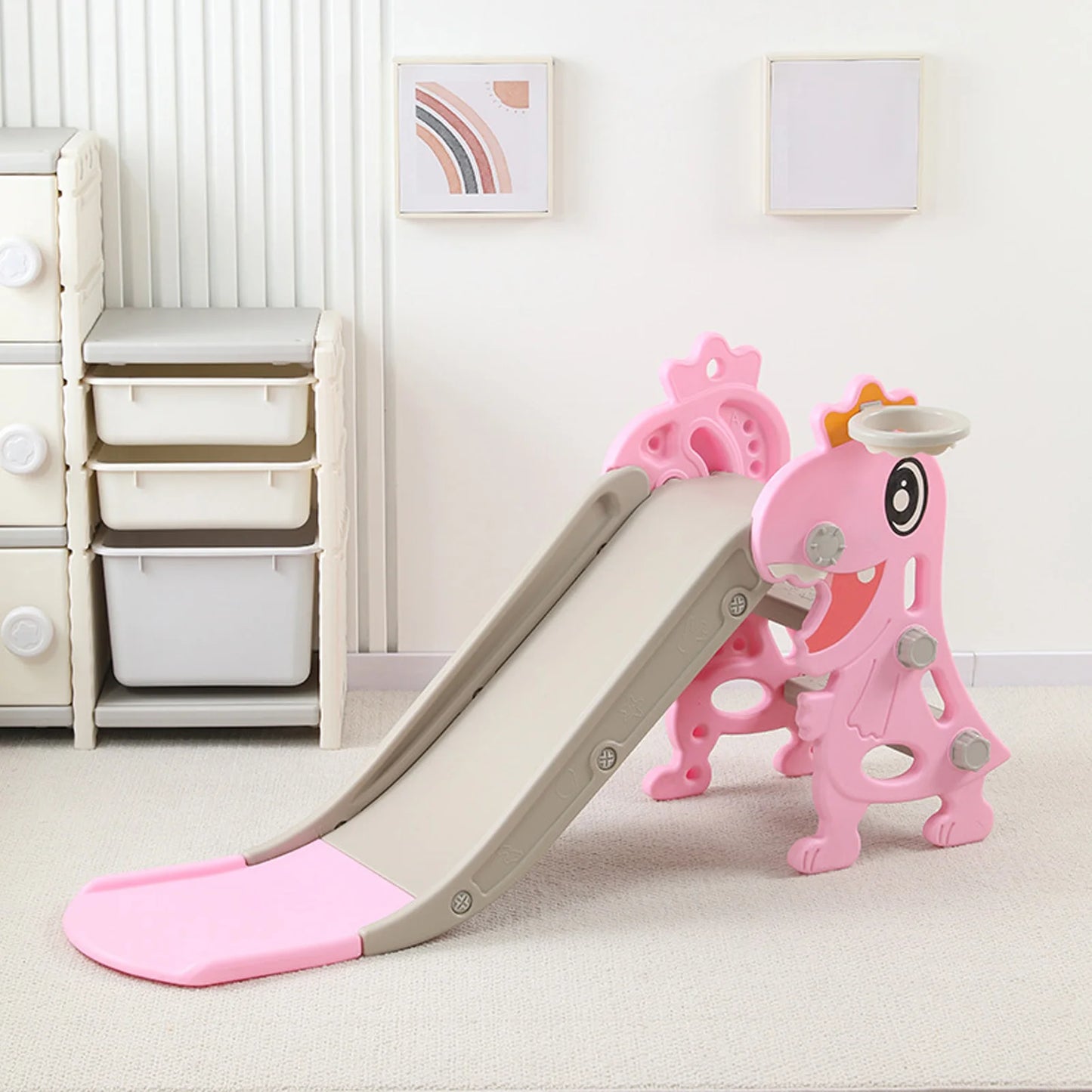 Toddler Indoor Slide for Age 1 To 8 Years Old Dinosaur Shape Non Slip Stairs Kids Slide with Basketball Hoop Climber Kids Slide