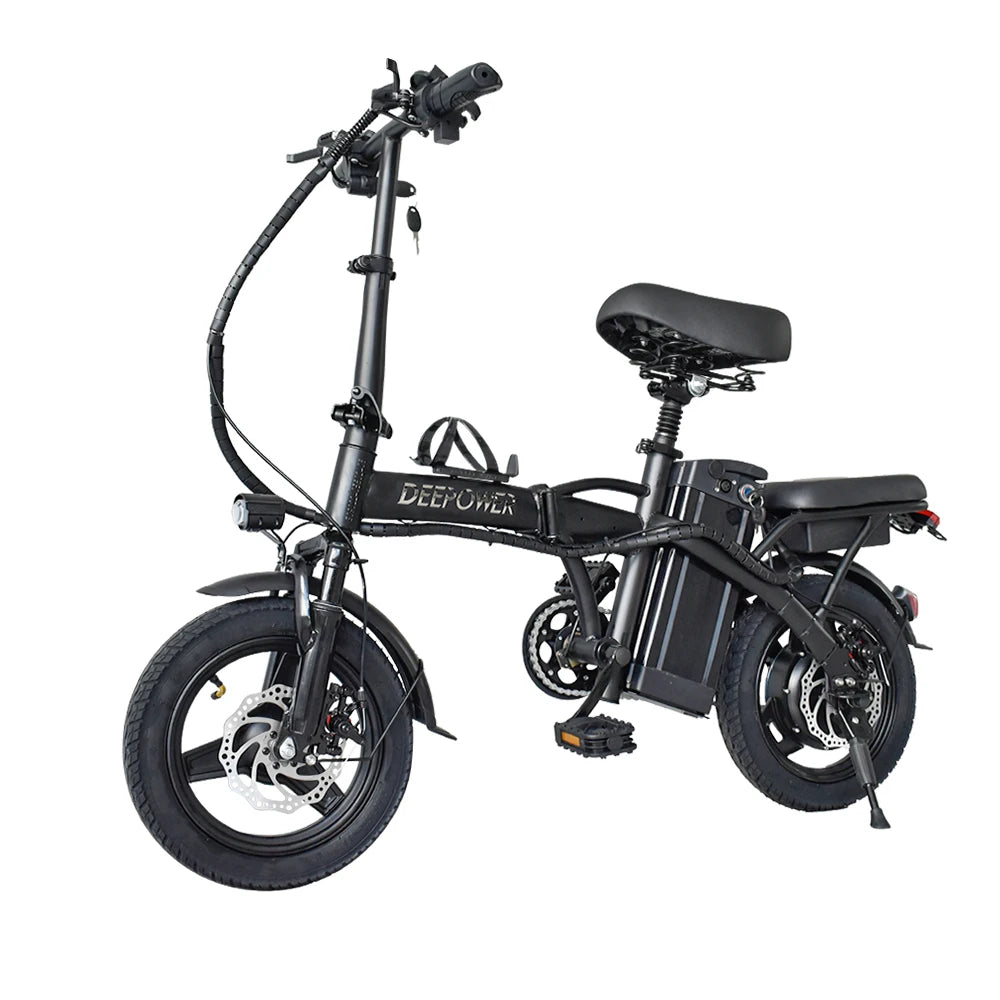 DEEPOWER Electric Bike for Adult 600W Peak Motor, 21MPH Folding Ebike, 14" Electric Bicycles, 3 Levels Assist, Multi-Shock Ebike