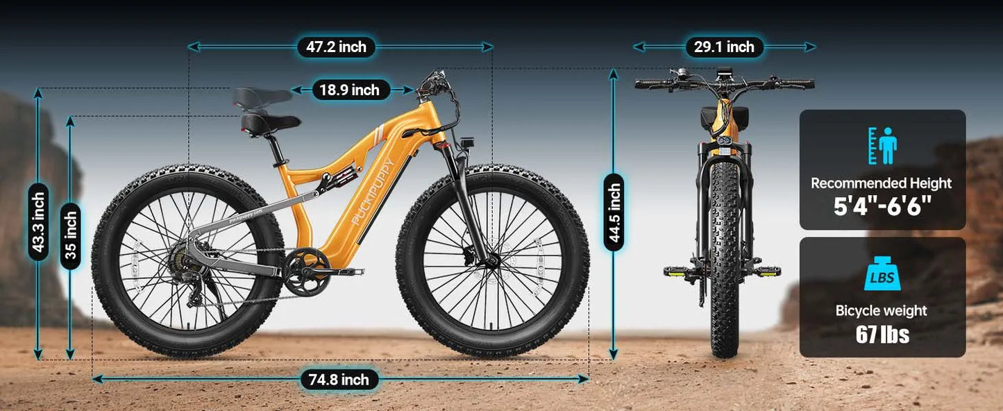 PUCKIPUPPY Labrador pro Electric Bike 1350W Peak 48V 20AH Battery Ebike 26" Fat Tire Full Suspension Electric Mountain Bike