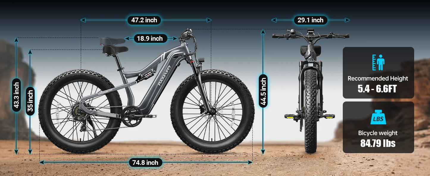 PUCKIPUPPY Electric Bike for Adults 26" Fat Tire 8 Speed 28 MPH Full Suspension Electric Mountain Bike 1350W Peak 48V 20AH Ebike