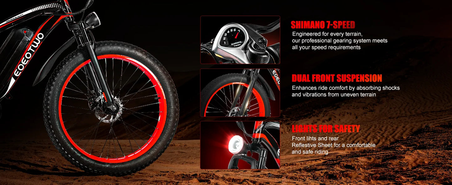 EOEOTWO E01 Electric Bike Adult 26" Fat Tire 1500W Peak Motor Electric Bicycle 34Mph Mountain E Bike 60Mile Range 48V15AH E Bike