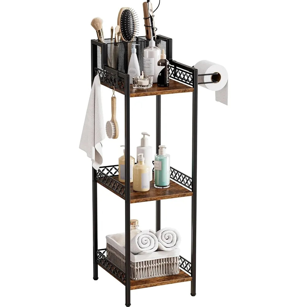 3-Tier Bathroom Shelf Organizer with Hair Dryer Holder and Toilet Paper Hook, 9.85" Slim Metal Stand for Small Spaces, Holds