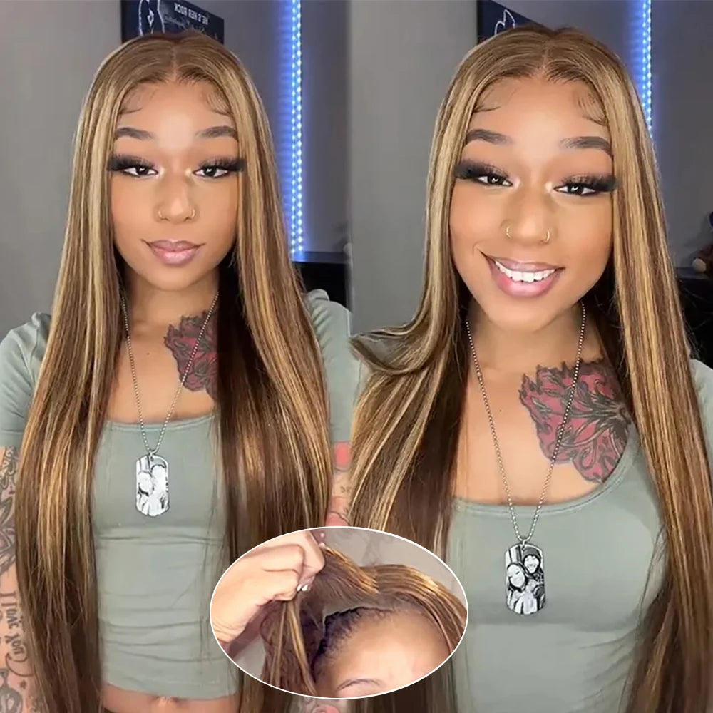 Highlight Glueless Wigs Human Hair Ready To Wear Pre Cut Preplucked Straight 4/27 Ombre 13x6 HD Lace Frontal Wig Human Hair 200%