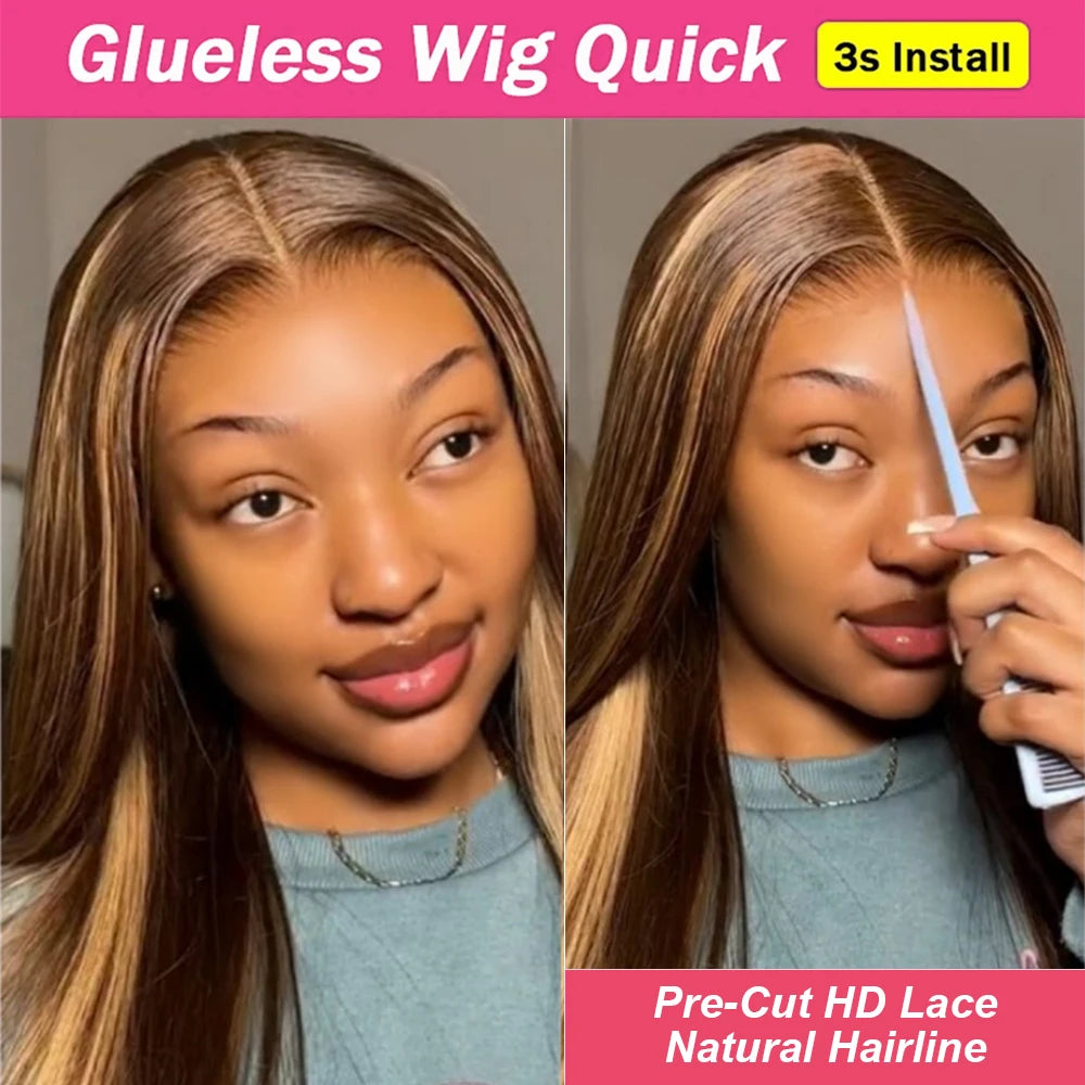 Highlight Glueless Wigs Human Hair Ready To Wear Pre Cut Preplucked Straight 4/27 Ombre 13x6 HD Lace Frontal Wig Human Hair 200%