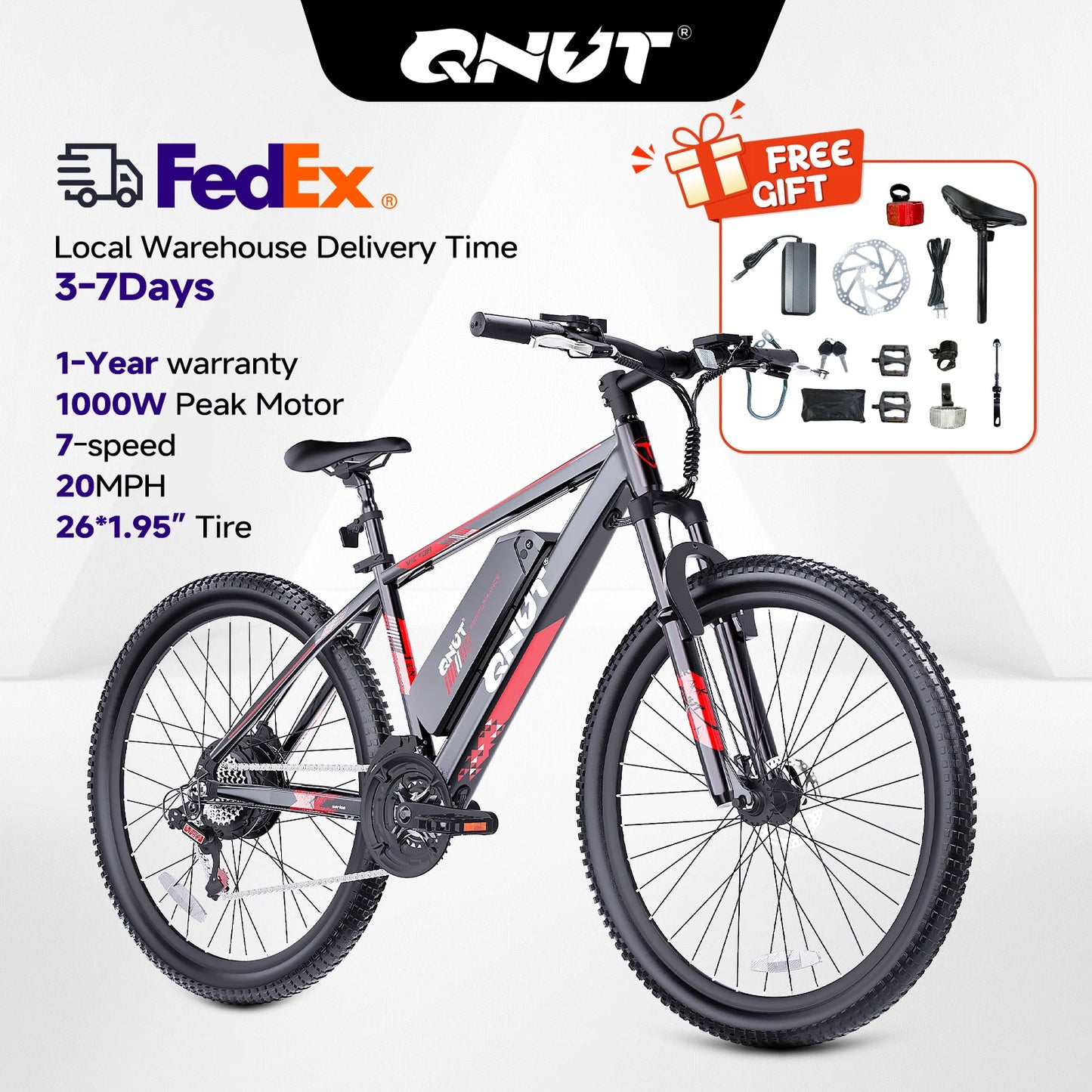 QNUT Victor3.0 Mountain electric Bicycle 1000W 36V 10.4AH 26" Tire All-Terrain E-Bikewith Front Fork Suspension and Dual Disc