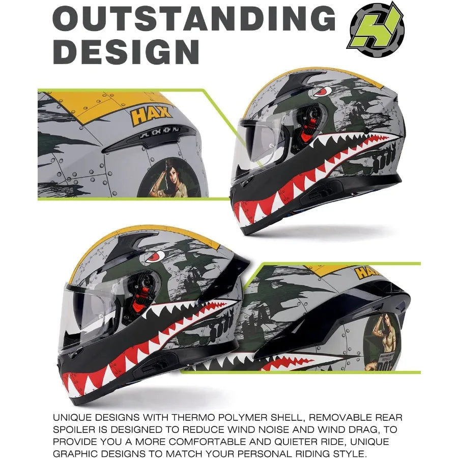 Full face motorcycle helmet designed for adult riders with DOT approval dual rear wing aerodynamics and Pinlockready visor for