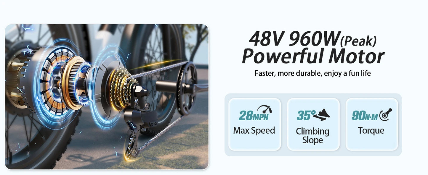 PUCKIPUPPY Electric Bike for Adults 960W Peak 48V 15AH Electric Bicycle 7 Speed All Terrain 26" Fat Tire Front Suspension E-Bike