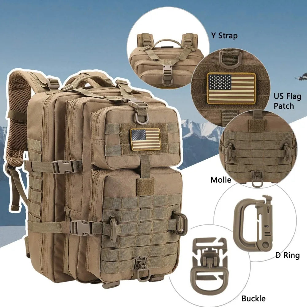 MOLLE Assault Pack, Tactical Backpack Military Army Camping Rucksack, 3-Day Pack Trip w/USA Flag Patch, D-Rings, Coyote
