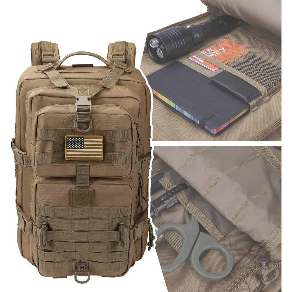 MOLLE Assault Pack, Tactical Backpack Military Army Camping Rucksack, 3-Day Pack Trip w/USA Flag Patch, D-Rings, Coyote