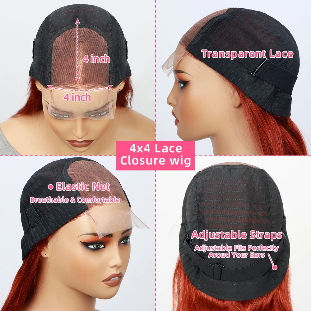 Reddish Brown 4x4 Lace Closure Wigs Human Hair 180% Density Straight Copper Red Lace Front Wig Auburn Brown Brazilian Hair