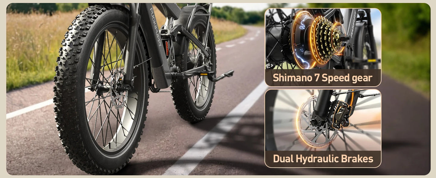 PUCKIPUPPY Dual Battery Electric Bike for Adults 1350W 48V 30AH Ebike 26" Fat Tire Full Suspension Electric Mountain Bike