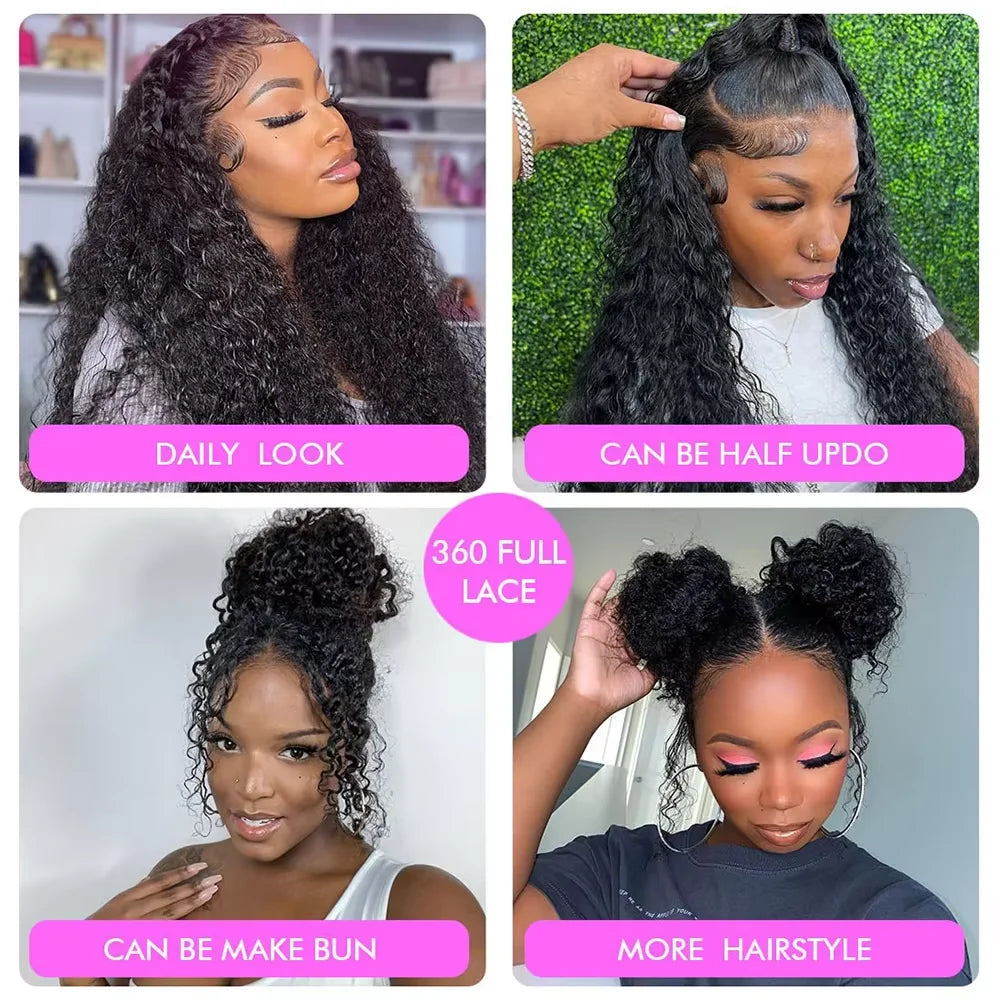 250 Density Deep Wave Invisi Strap 360 Full Lace Wig Human Hair Natrual Black Curly Wigs Lace Front Wig Human Hair 38 Inches