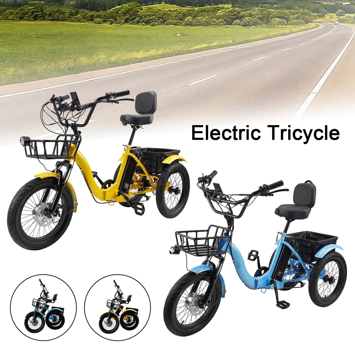 Artudatech 18" 48V 13AH 350W (peak 525W) Foldable Electric Trike for Adults 3 wheel e-trike Variable speed with IPX7 Display
