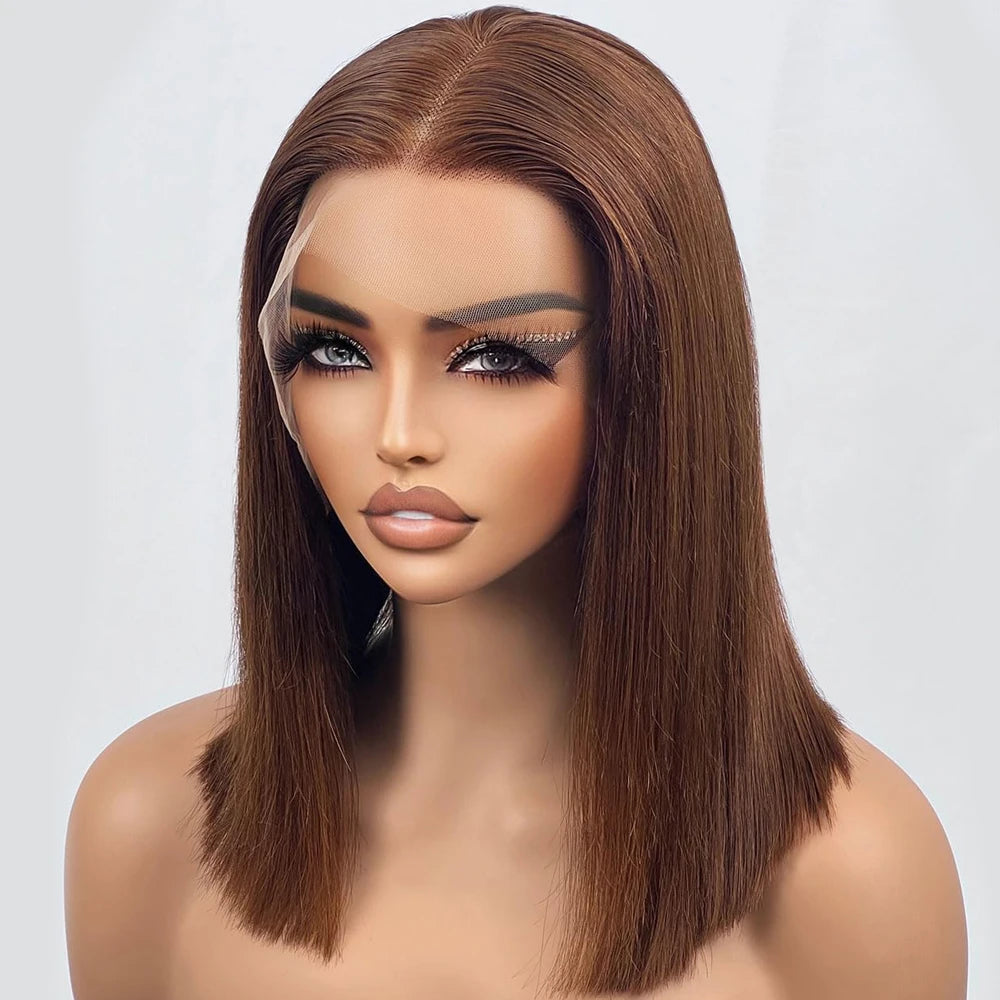 Idoli Brown Bob Lace Front Wig Human Hair Straight HD Transparent Blunt Cut Chocolate Brown Bob Wig Human Hair 13X4 Frontal Wigs