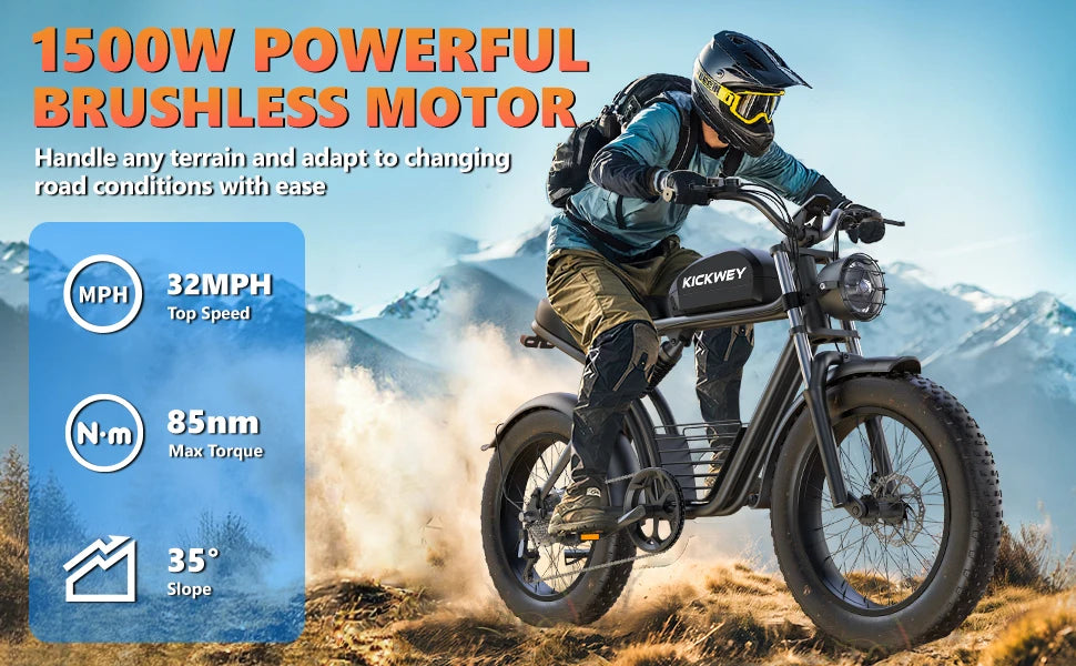 Kickwey K7 Adult Electric Bike 1500W Motor 7-Speed Dual Disc Brakes Full Suspension Ebike 20x4 Wide Tire 50-Mile  E Bike