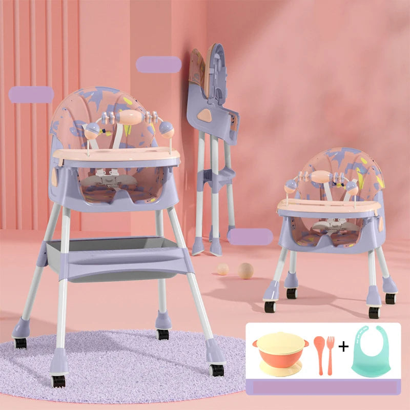 Foldable Baby High Chair 6 Months Plus with Large Antislip Pad & ToyRack Easy to Clean Feeding E500 With Brakeable Wheel