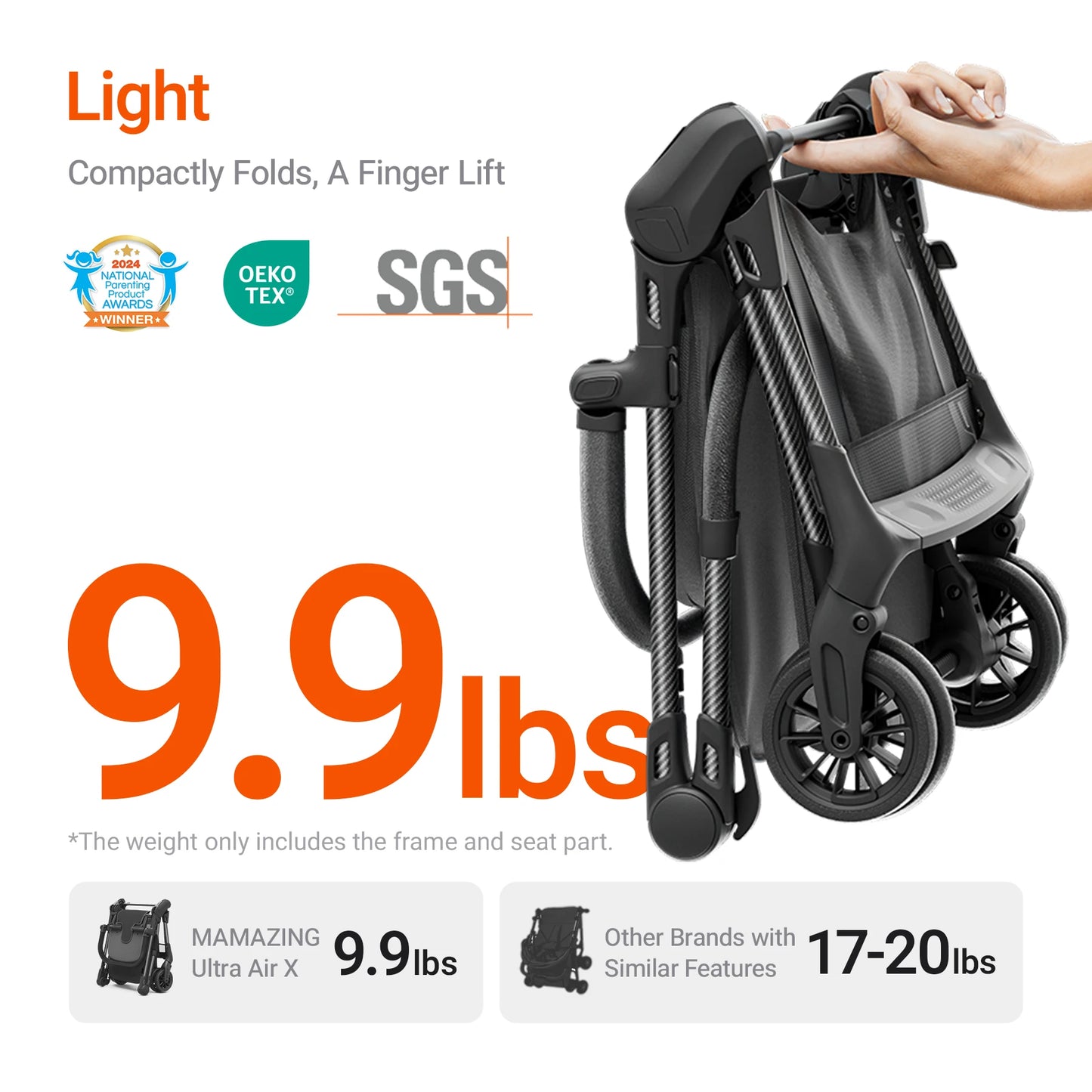 Ultra-Lightweight Travel Stroller - 9.9lbs Carbon Fiber Frame, UPF50+ Canopy & 5-Point Safety Belt(MAMAZING Ultra Air X, Black)