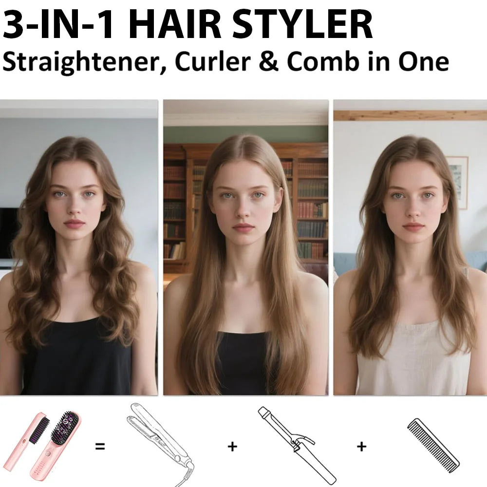 Cordless Hair Straightener Brush 450°F Adjustable Temp 30s Fast Heating 10000mAh Travel Wireless Straightening Comb Adult Kids