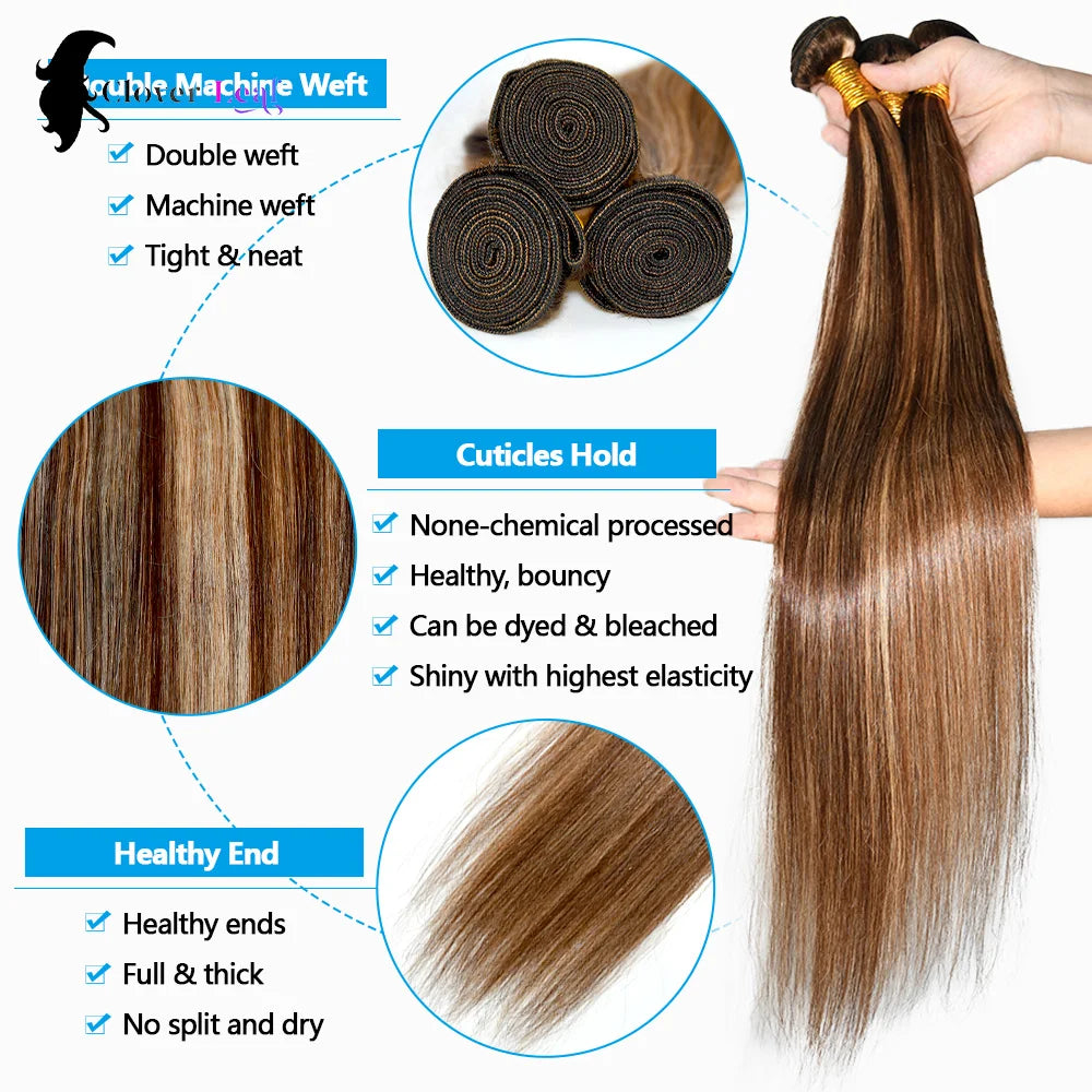 P4/27 Highlight Bundles Human Hair 22 24 26 Inch Straight Brazilian Raw Human Hair Bundles Brown Colored Remy Hair Extensions