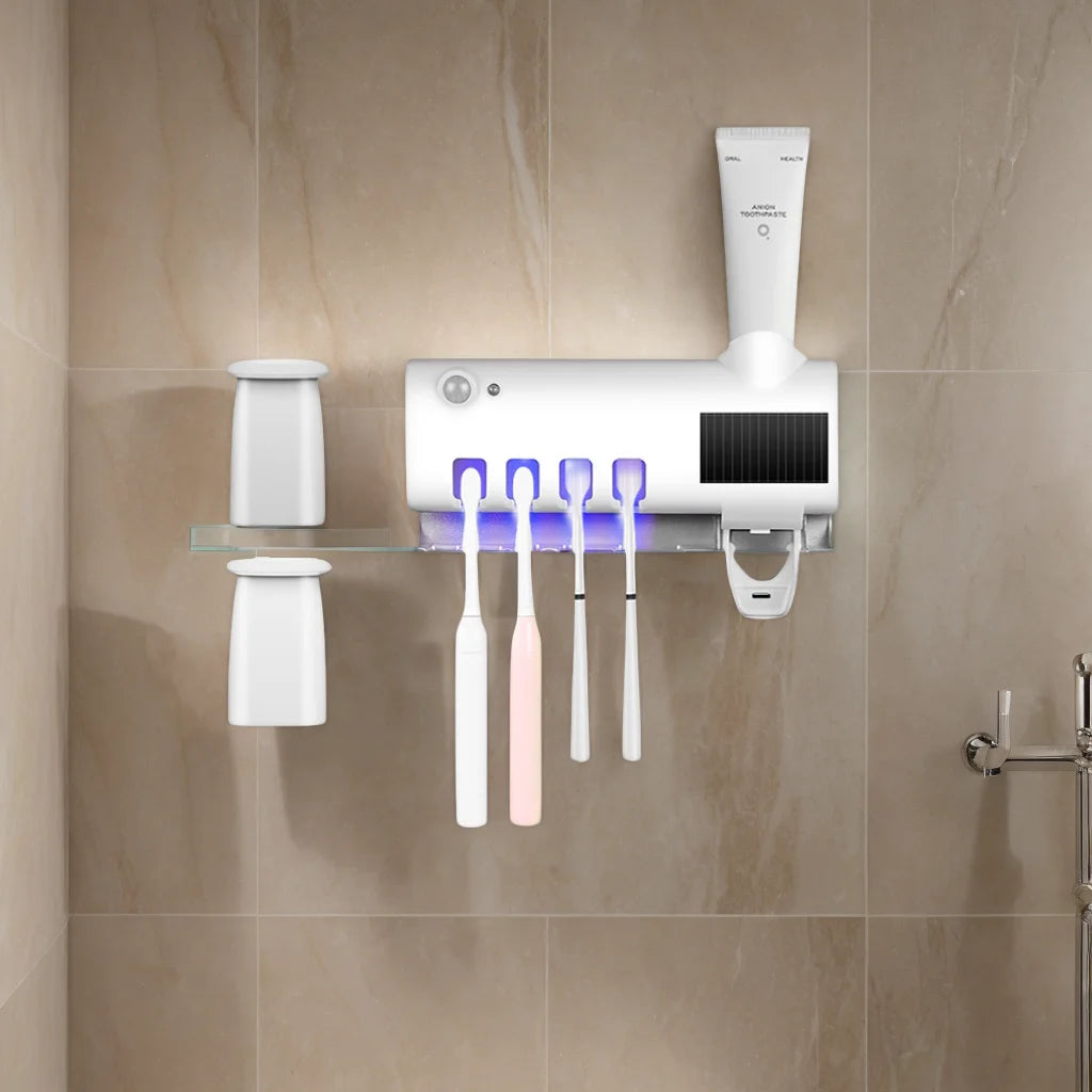 Wall mounted toothpaste dispenser with 4 toothbrush slots, toothbrush cleaning rack, bathroom accessories, no drilling required