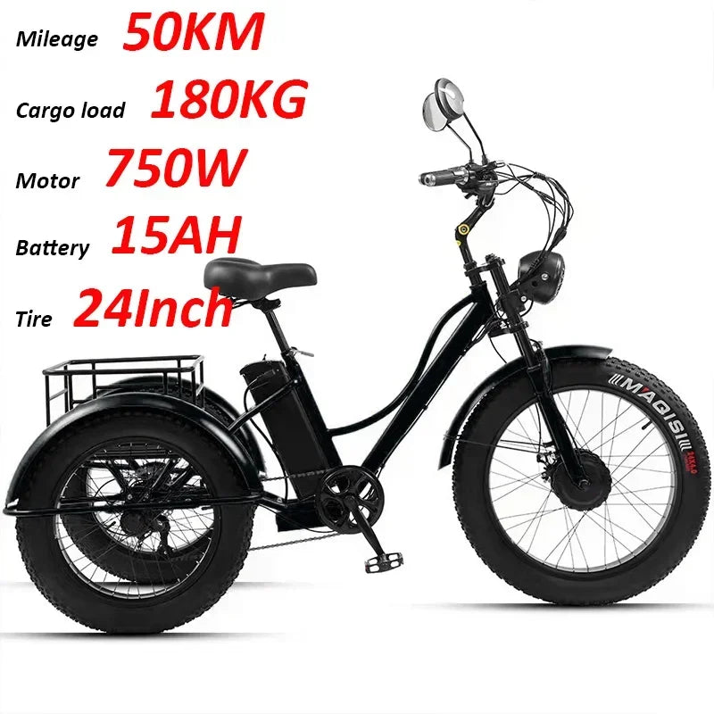 New Electric Tricyle Adult Electric Bicycle 24Inch Fat Tire 750W48V15AH Mobile Battery Mountain Ebike 3Wheel Electric Cargo Bike