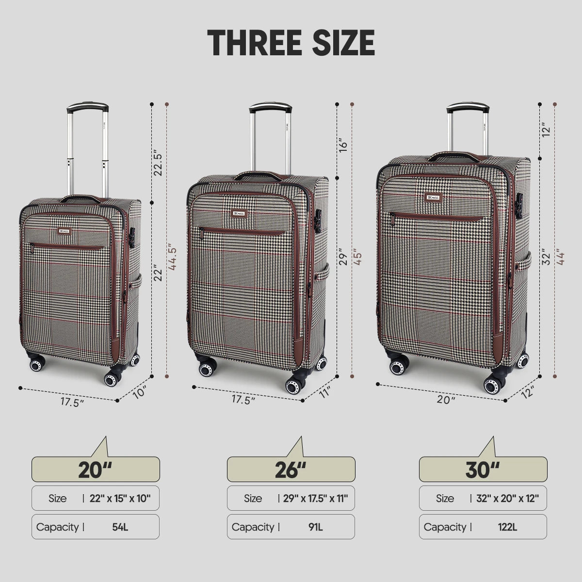 Softside Luggage Expandable 3 Piece Set Suitcase with 360° Upright Spinner Softshell Lightweight Luggage Travel Set 20"/26"/30"