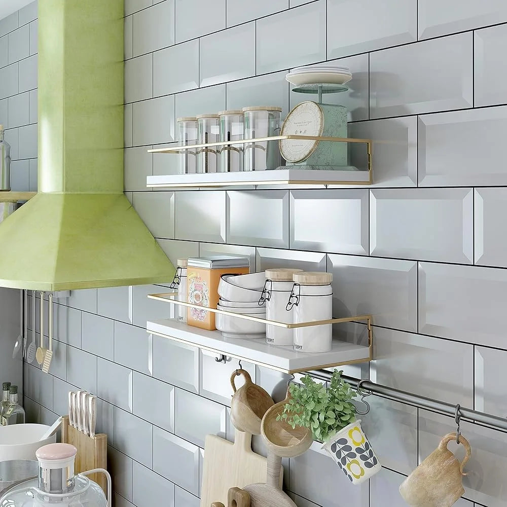Wall Mounted Floating Shelves Set of 2 with Golden Towel Rack Decorative Storage Organizer Bathroom Kitchen Living Room