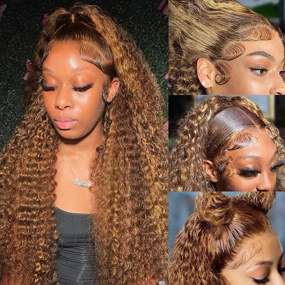 Ombre Highlight Curly Lace Front Human Hair Wigs 250% 13x4 HD Transparent Deep Wave Frontal Wig P4/27 5x5 Gluless Closure Wigs