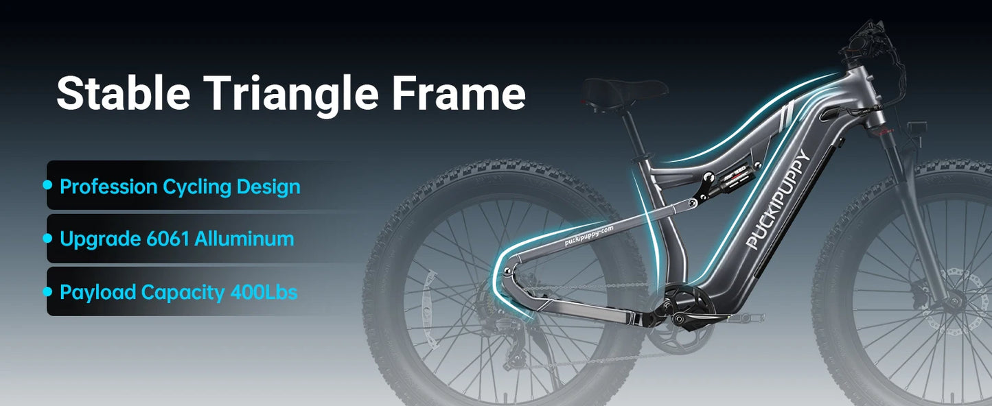 PUCKIPUPPY Electric Bike for Adults 26" Fat Tire 8 Speed 28 MPH Full Suspension Electric Mountain Bike 1350W Peak 48V 20AH Ebike