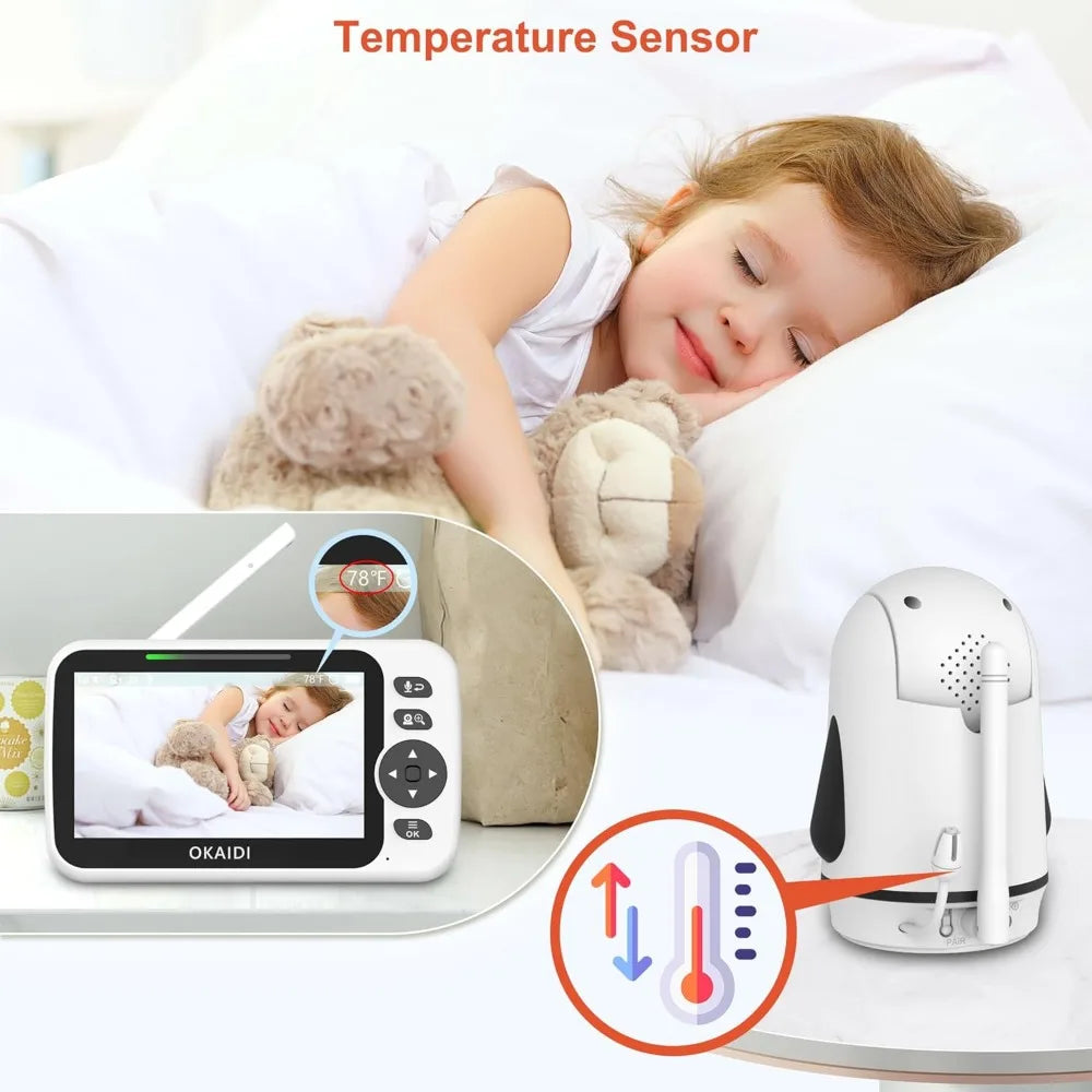 Video Baby Monitor with 3 Cameras, 5" Display Baby Monitor No WiFi, 30H Battery and 1000ft Range, 2-Way Talk, 8 Lullabies, Remot