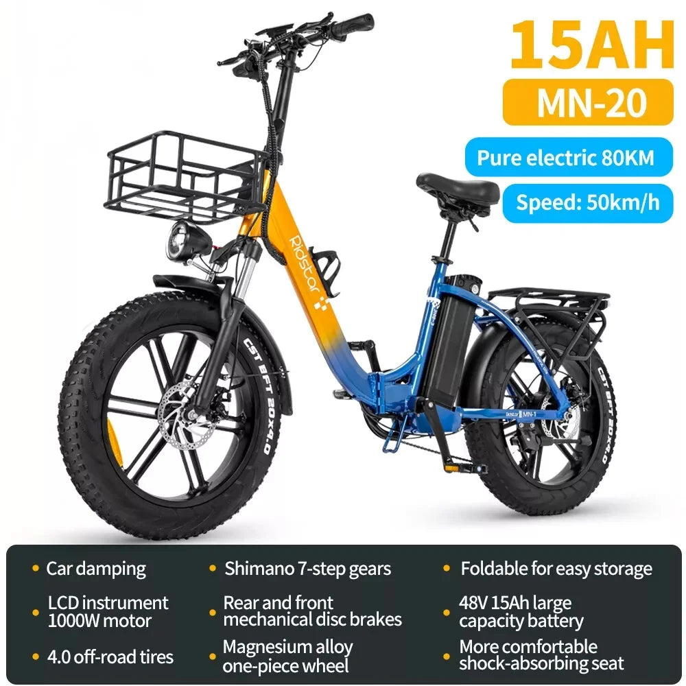 Ridstar Folding Electric Bike for Adults 1000/1500W 30MPH 48V 15/20Ah 20/26" Fat Tire City Commuter Foldable EBike for Men Women