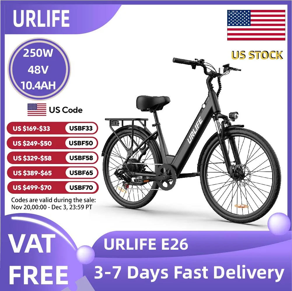 URLIFE E26 Adult EBike 250W 48V10.4AH Battery City Commuter Electric Bike 26 Inch Tires Electric Bicycle