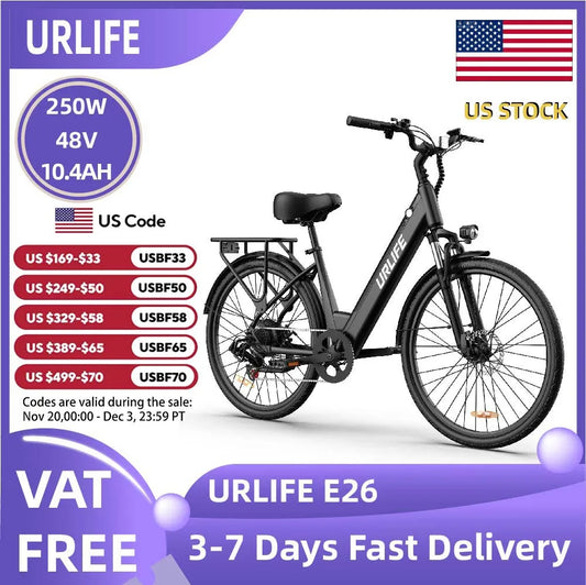 URLIFE E26 Adult EBike 250W 48V10.4AH Battery City Commuter Electric Bike 26 Inch Tires Electric Bicycle
