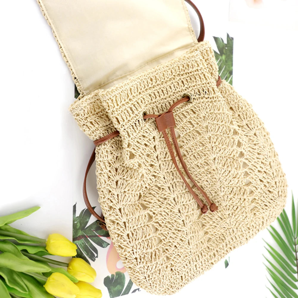 Women Straw Backpack Shoulders Bag Handmade Woven Casual Beach Top Handle Bags for Women Traveling Shopping