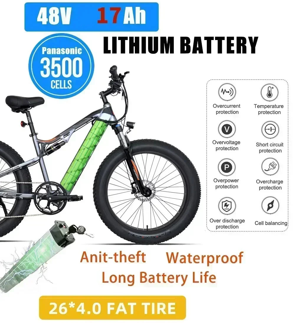 ebike GS9 Off-road Mountain Electric Bike 26-inch Fat Tire Bike 1000W 48V 17AH Hidden Battery Hydraulic Brake E-Bike