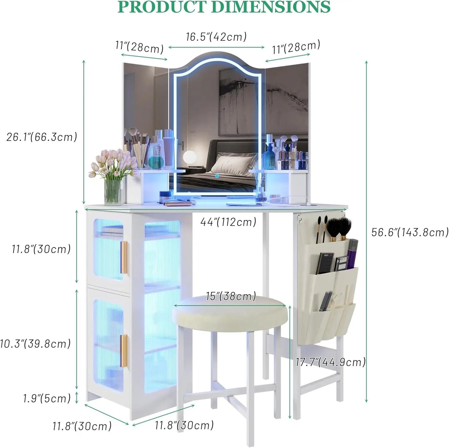 White Vanity Desk with Lighted Mirror, Makeup Table with LED Lights, Dressing Table with Charging Station